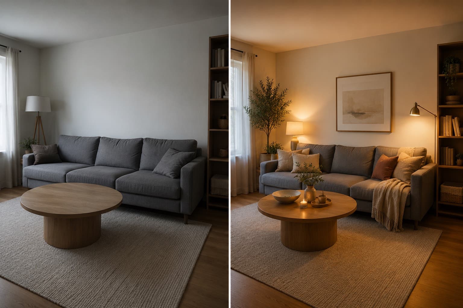 A living room shown before and after a warm restyle from an identical camera position