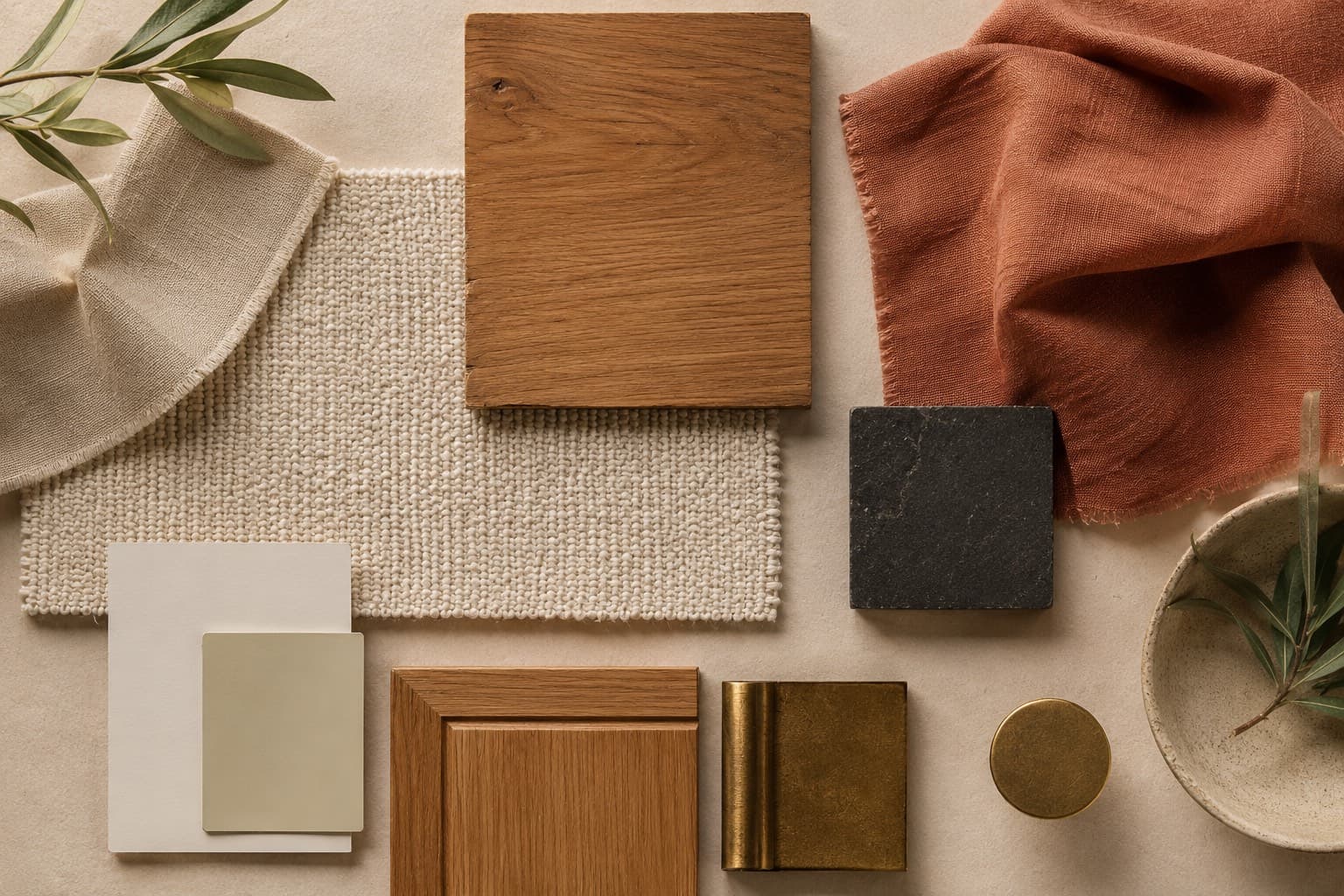 A flat lay material board of cream textile, warm oak, terracotta cloth and brass finish samples
