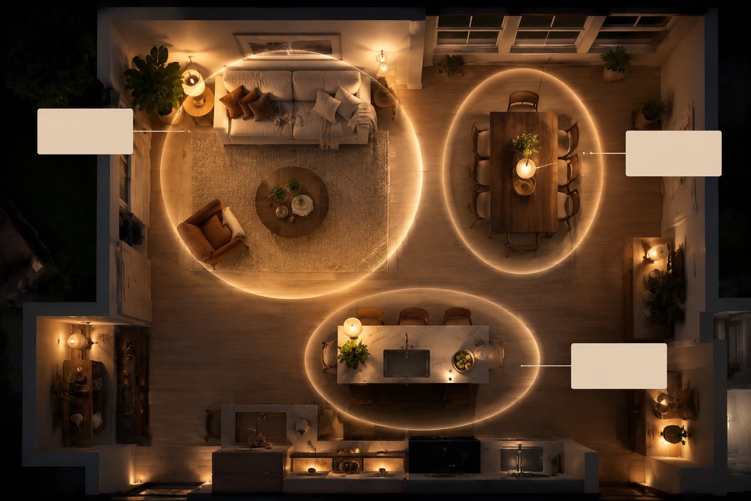 An overhead room layout showing three separate pools of warm ambient, task and accent light