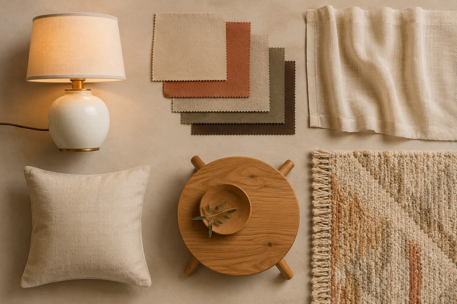 A tidy flat lay of a table lamp, fabric swatches, cushion, timber side table and rug corner
