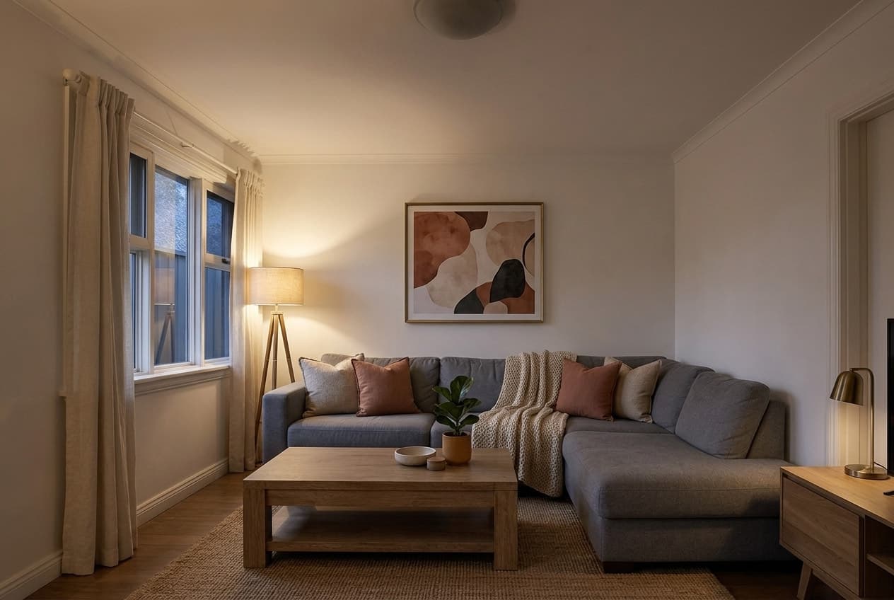 A small living room restyled with warm layered lamp light, a jute rug and linen curtains